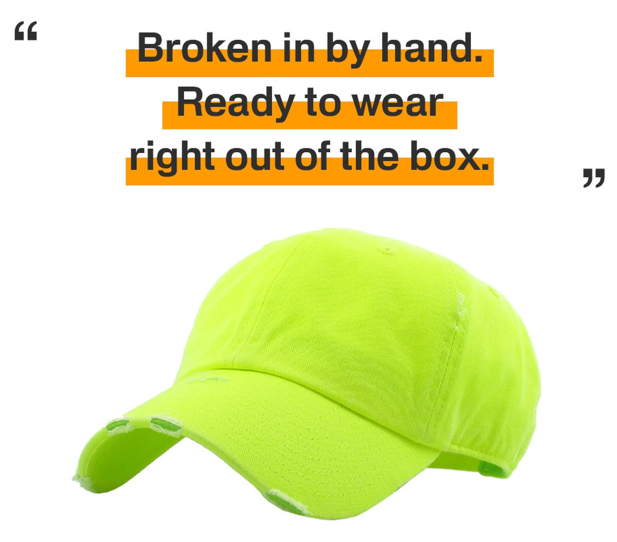 Neon Lime Distressed Vintage Baseball Cap Front Side View